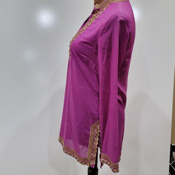 Tory Burch Magenta Sheer Gold Embroidered Beaded Button Trim Tunic Small Artsy - Picture 10 of 12